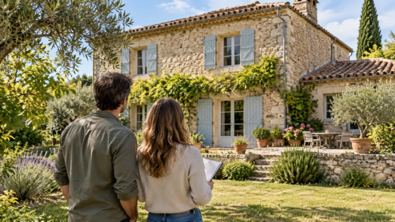Visiteurs observant la façade en pierre d'une maison ancienne avant un achat