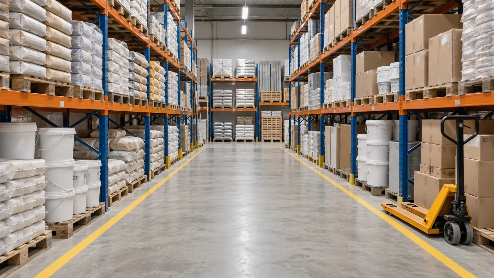 Allée d'une réserve de commerce entre des racks à palettes avec marquage au sol jaune