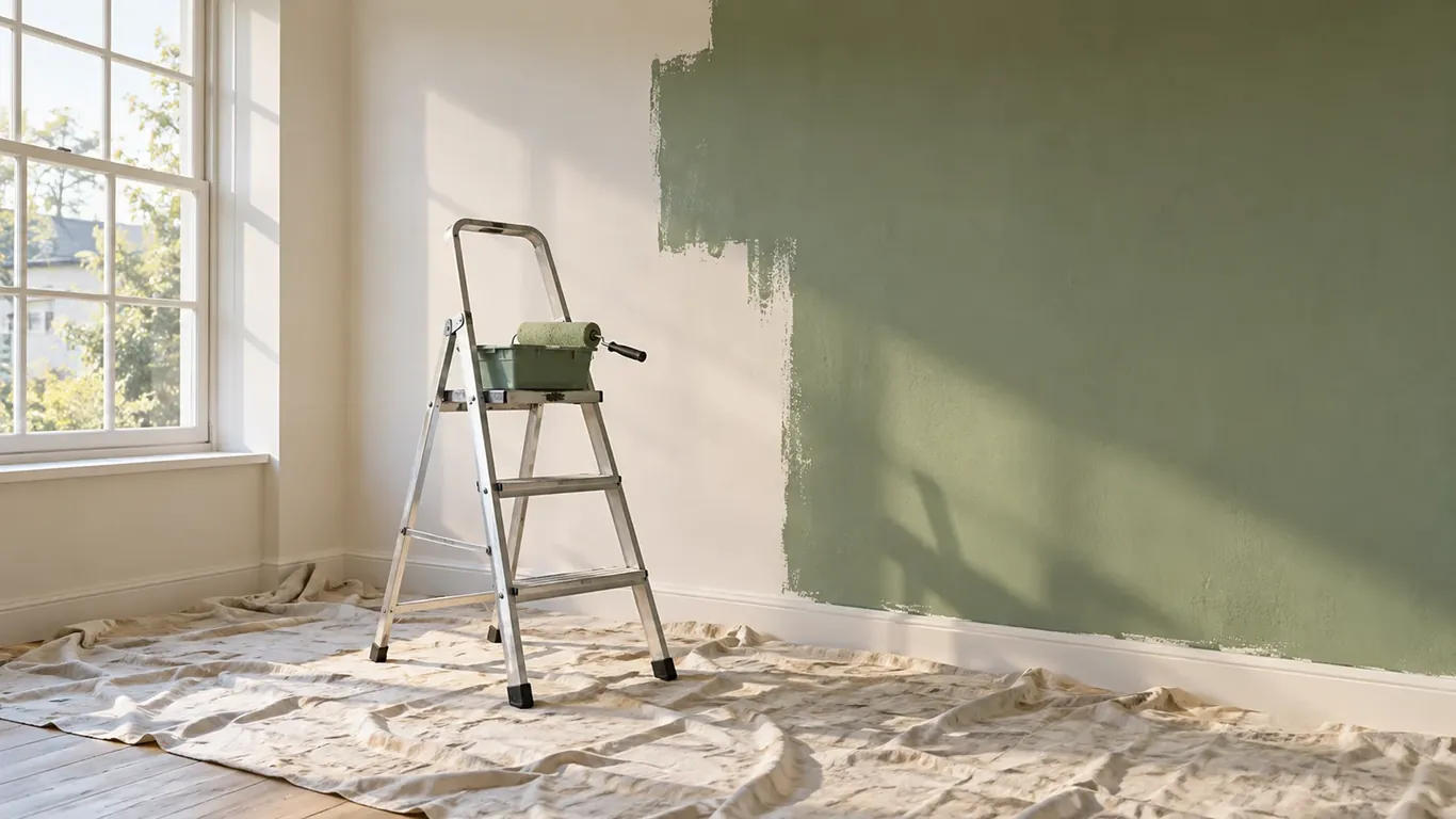 Mur à moitié peint en vert sauge, escabeau avec rouleau et bâche au sol