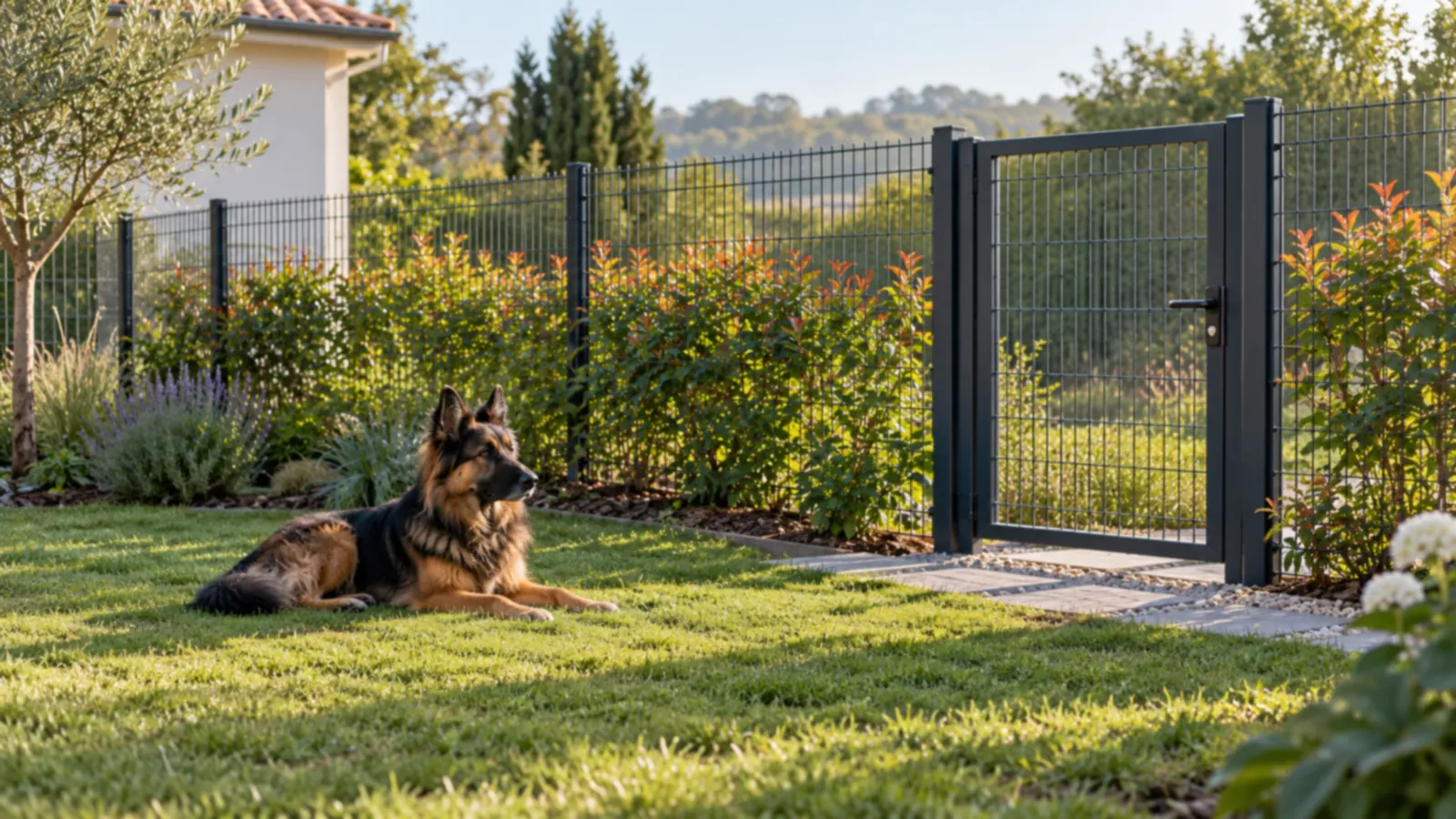 Jardin clos de panneaux rigides avec un chien couché près du portillon