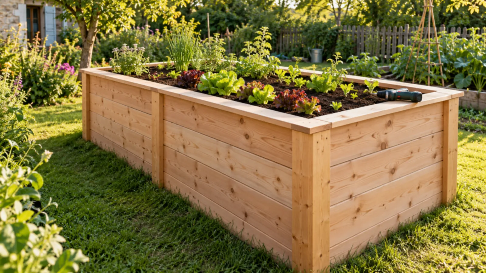 Potager surélevé en bois de douglas rempli de terre et de jeunes plants