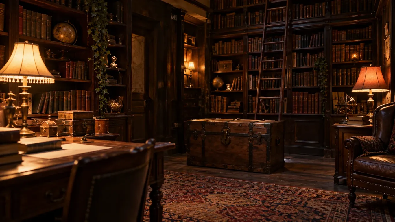 Cabinet de travail ancien avec bibliothèques en bois sombre, lampes allumées, coffre et tapis