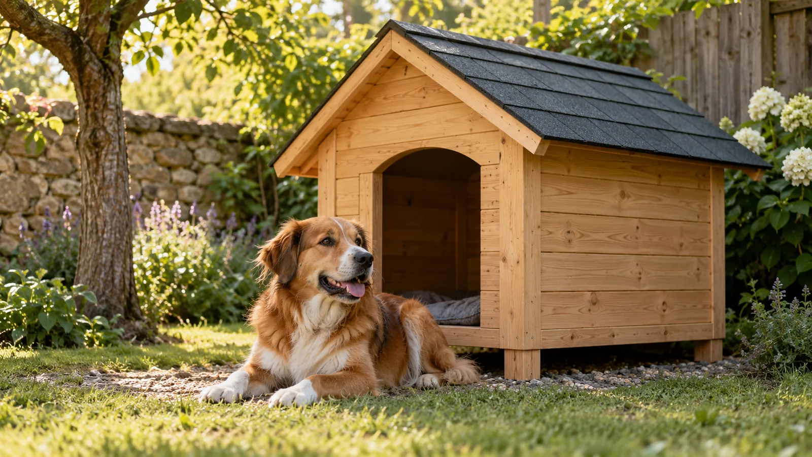 Niche en bois faite maison avec toit à deux pans dans un jardin