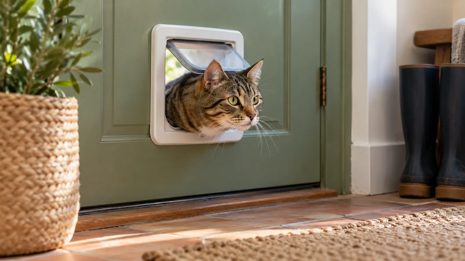 Chat passant la tête par une chatière posée dans une porte en bois