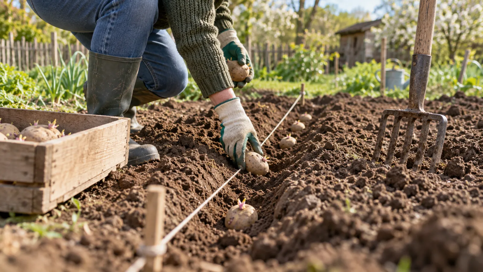 Plants de pomme de terre germés déposés dans un sillon du potager