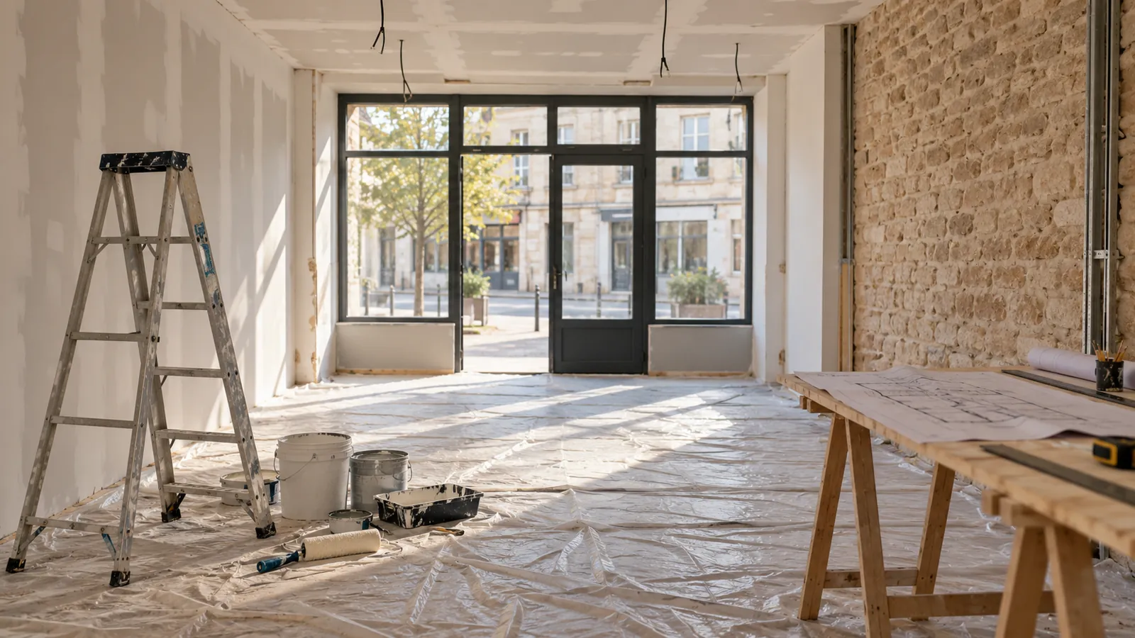 Local commercial vide en rénovation avec escabeau, plans et vitrine lumineuse