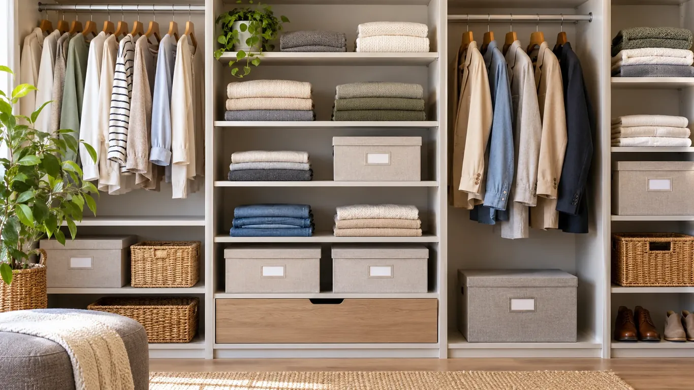 Dressing ouvert blanc avec penderies, vêtements pliés et boîtes en tissu et osier
