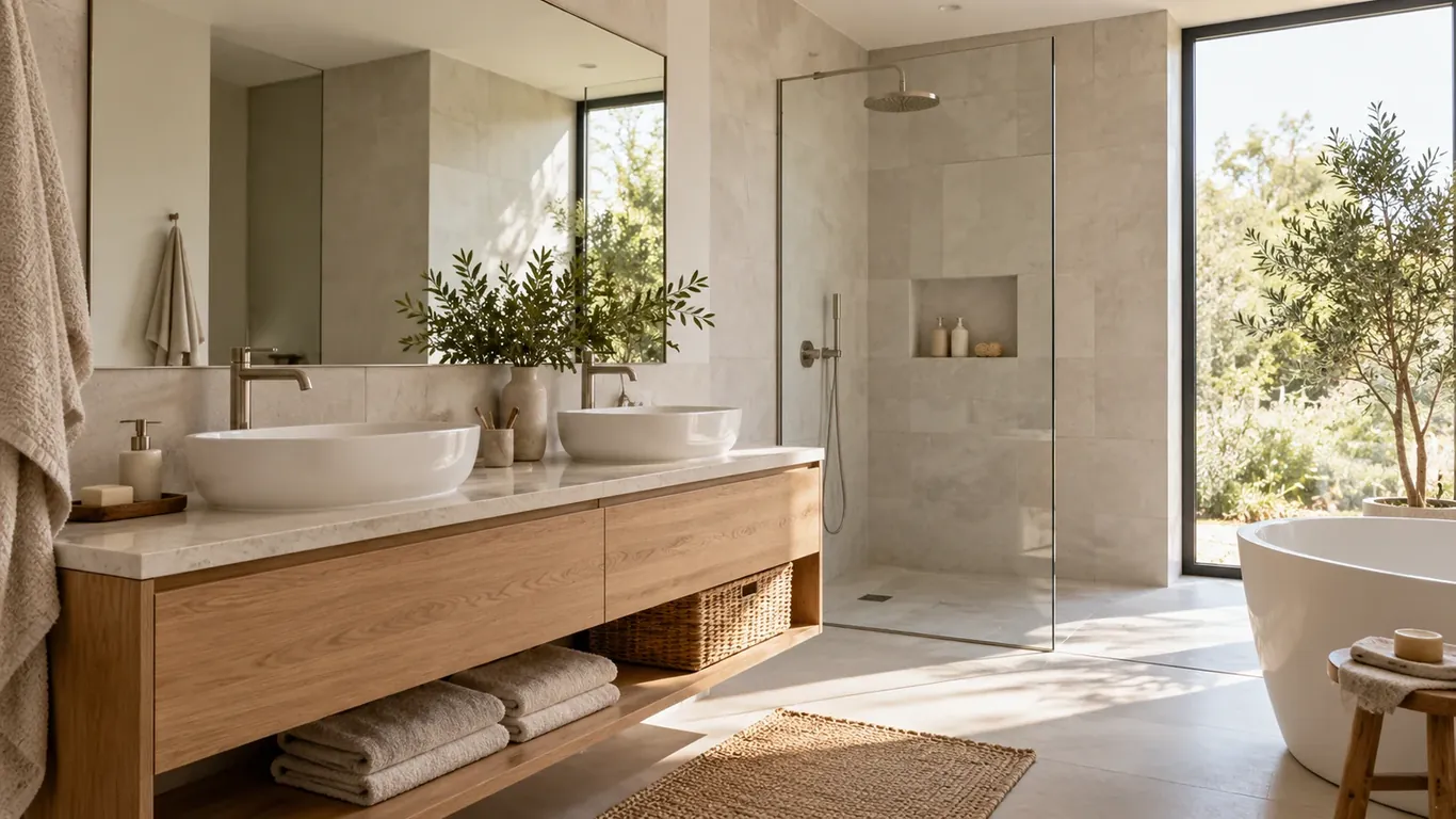 Salle de bain claire : meuble bois à deux vasques, douche vitrée, baignoire îlot