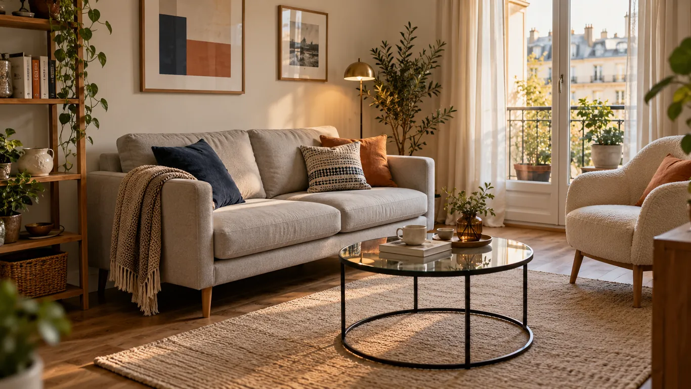 Canapé compact sur pieds et table basse ronde légère dans un petit salon
