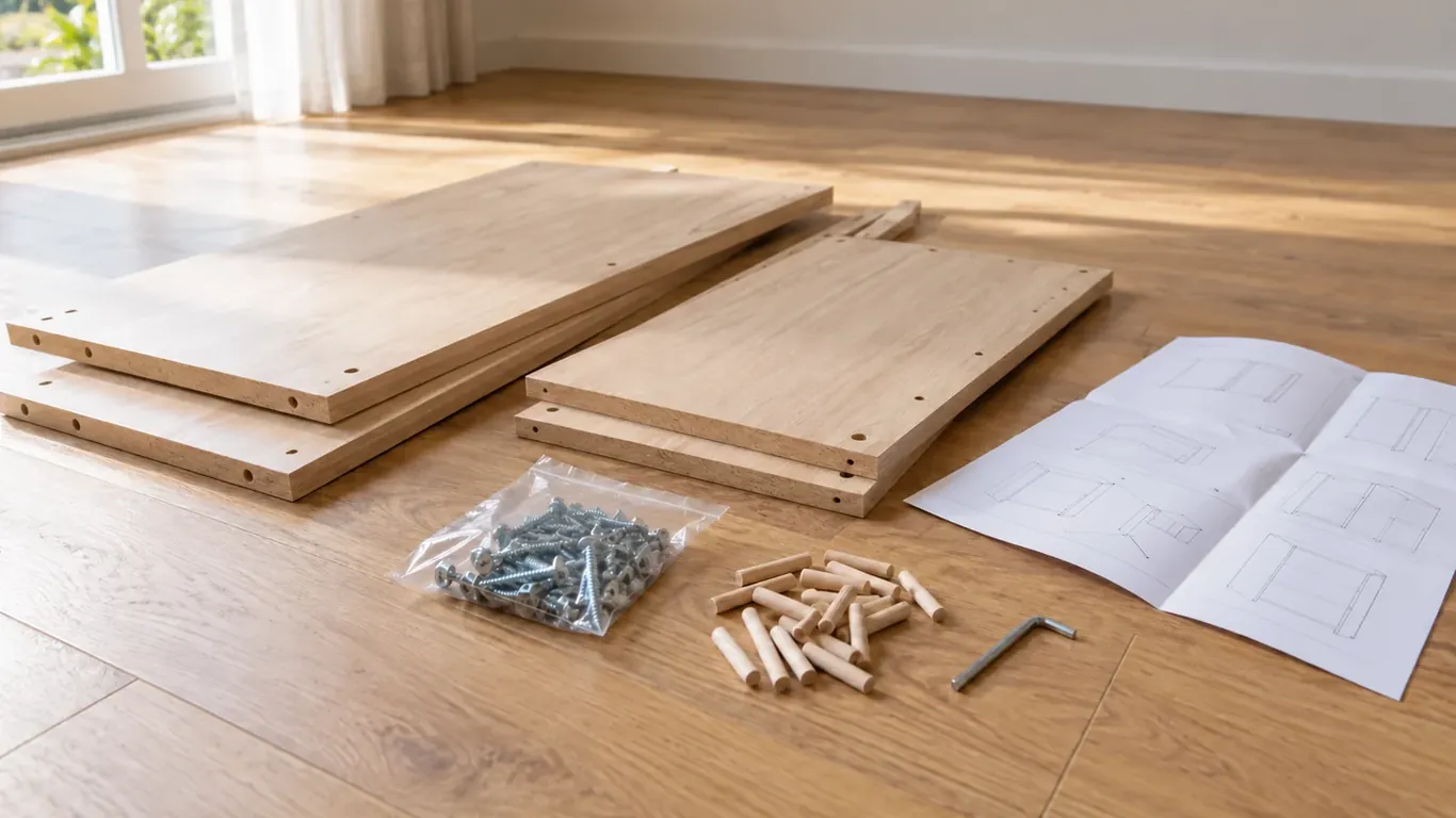 Panneaux de meuble en kit sur parquet, avec vis, tourillons, clé et notice