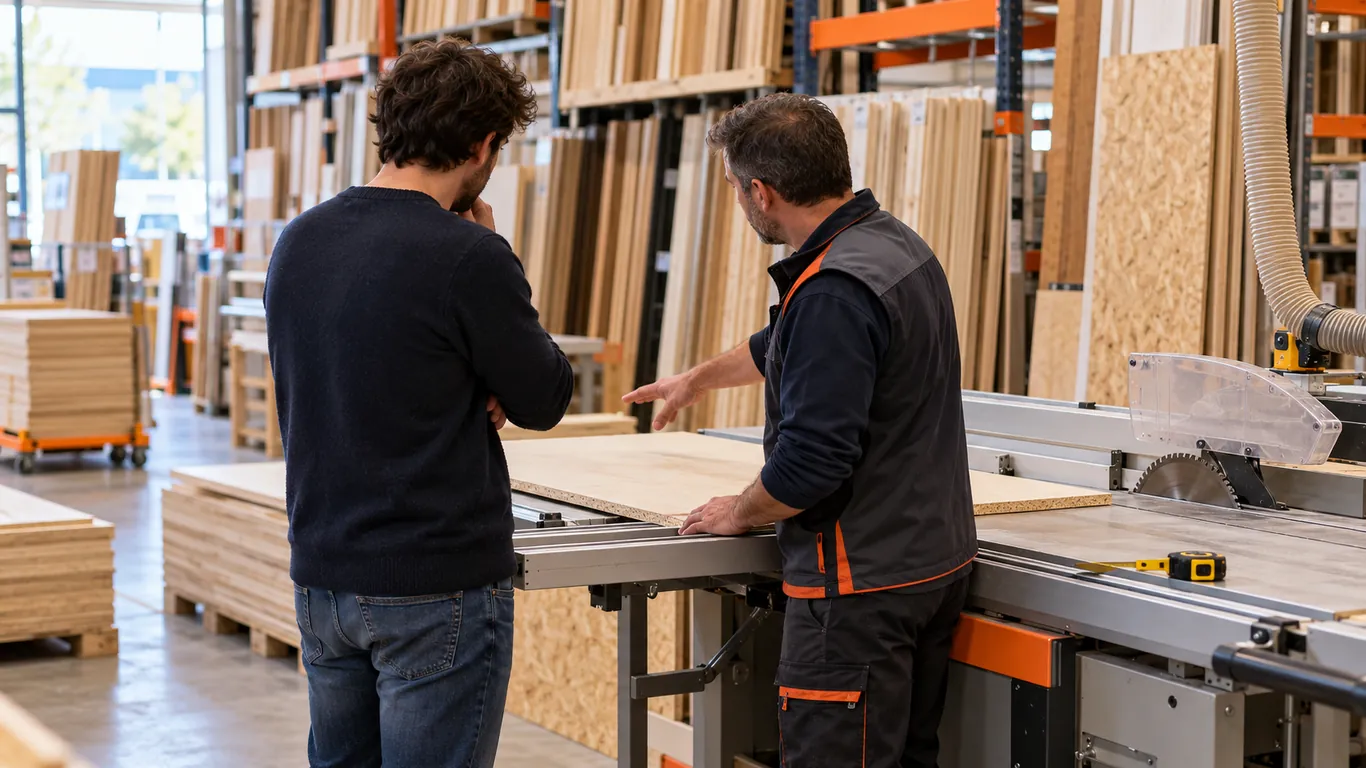 Vendeur qui conseille un client au comptoir de découpe du bois
