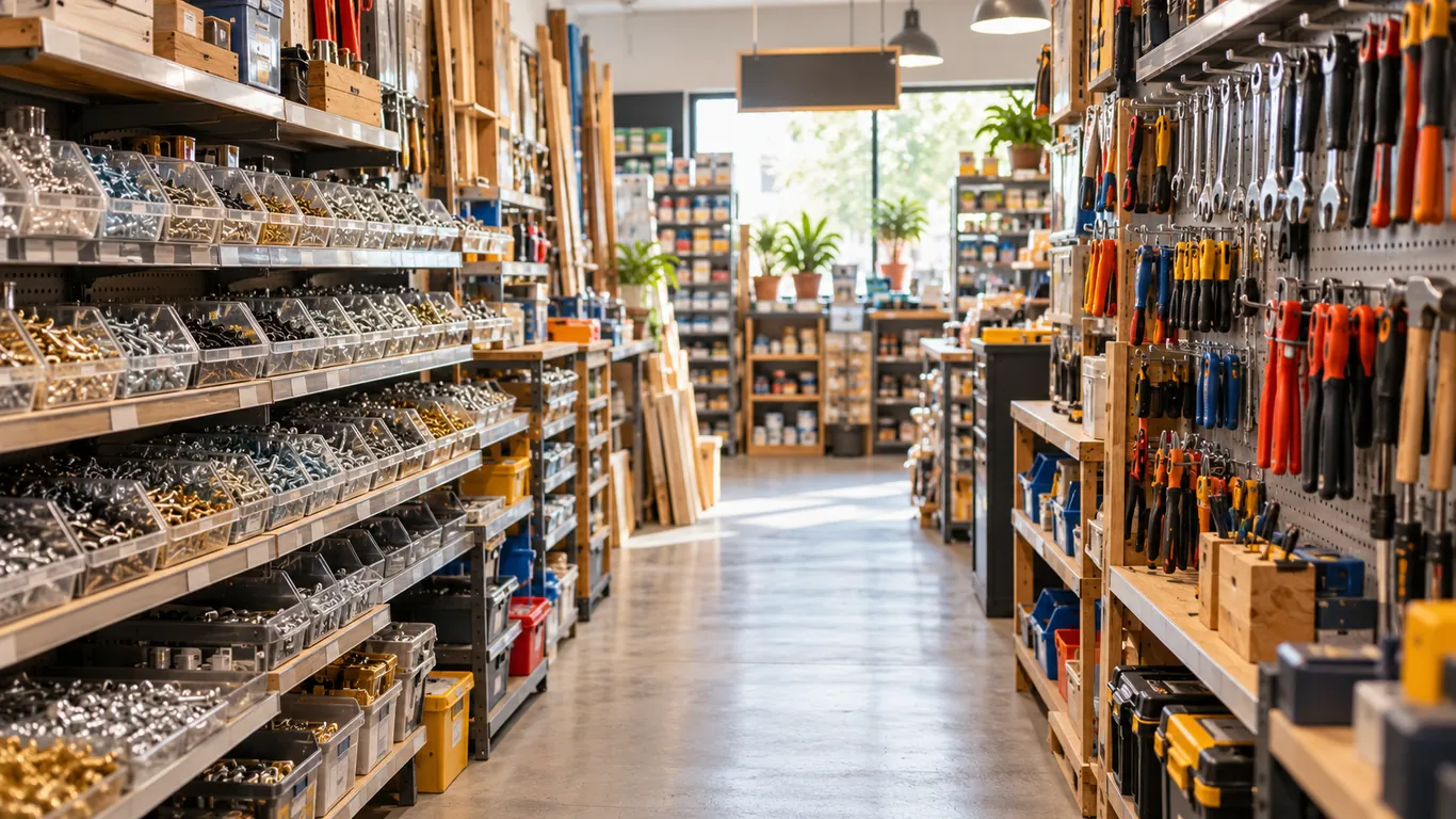 Allée de quincaillerie bien rangée dans un magasin de bricolage de proximité