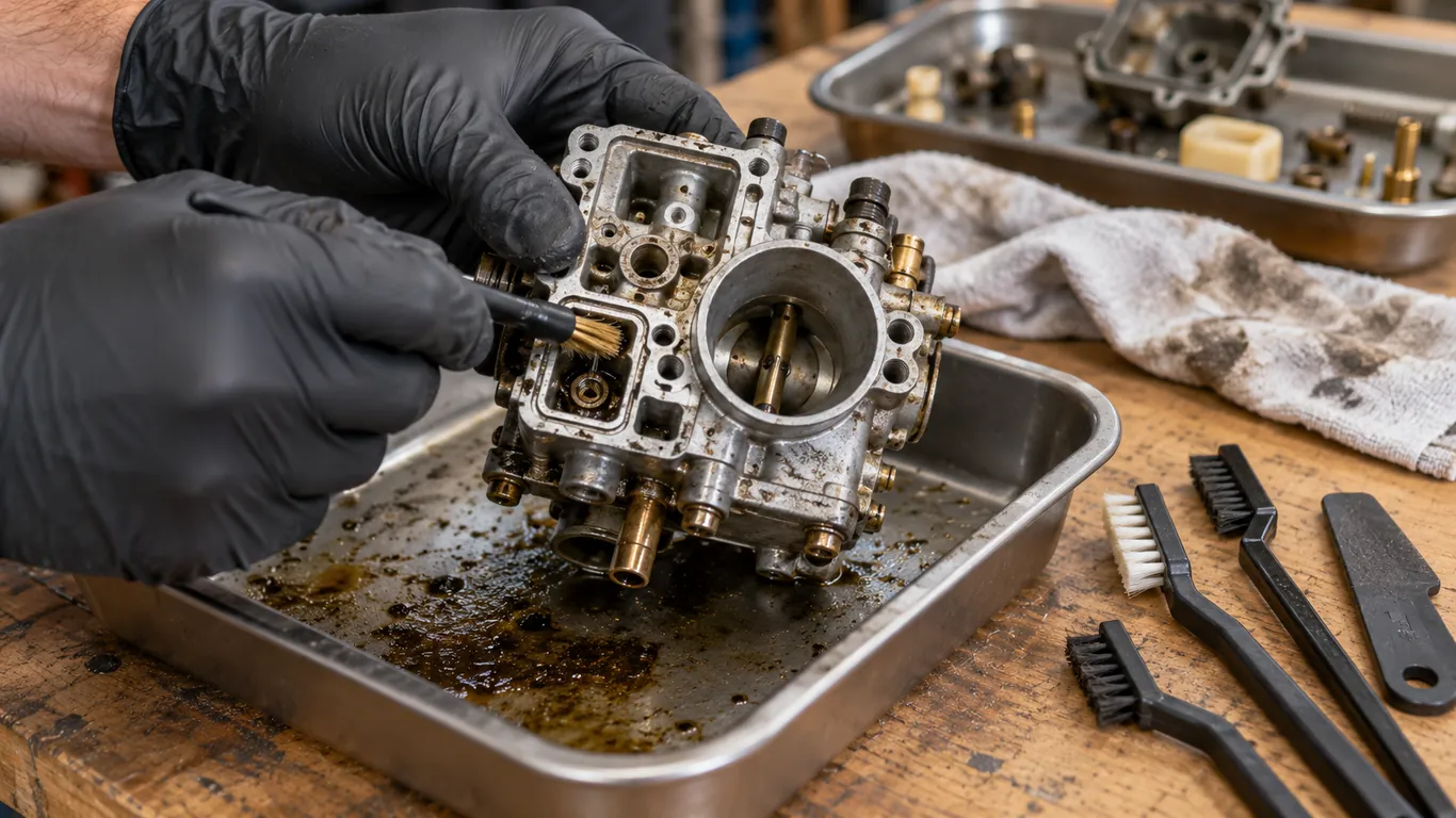 Brossage d'un corps de carburateur avec une brosse en laiton au-dessus d'un bac