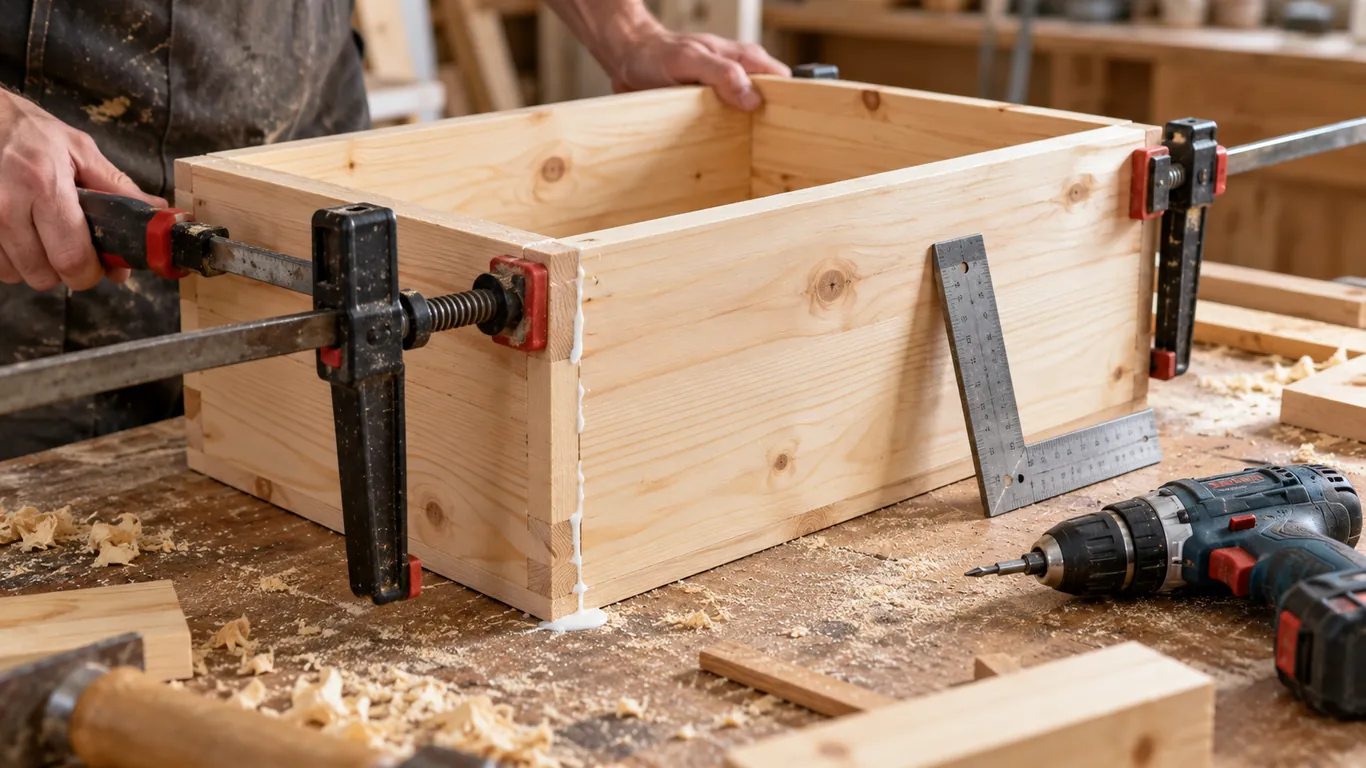 Caisse de coffre en pin assemblée par collage et vissage avec serre-joints