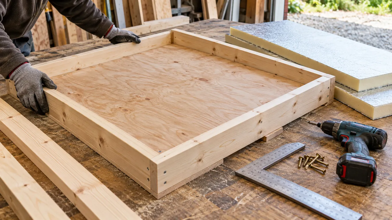 Plancher de niche en tasseaux et contreplaqué avec plaques d'isolant sur un établi