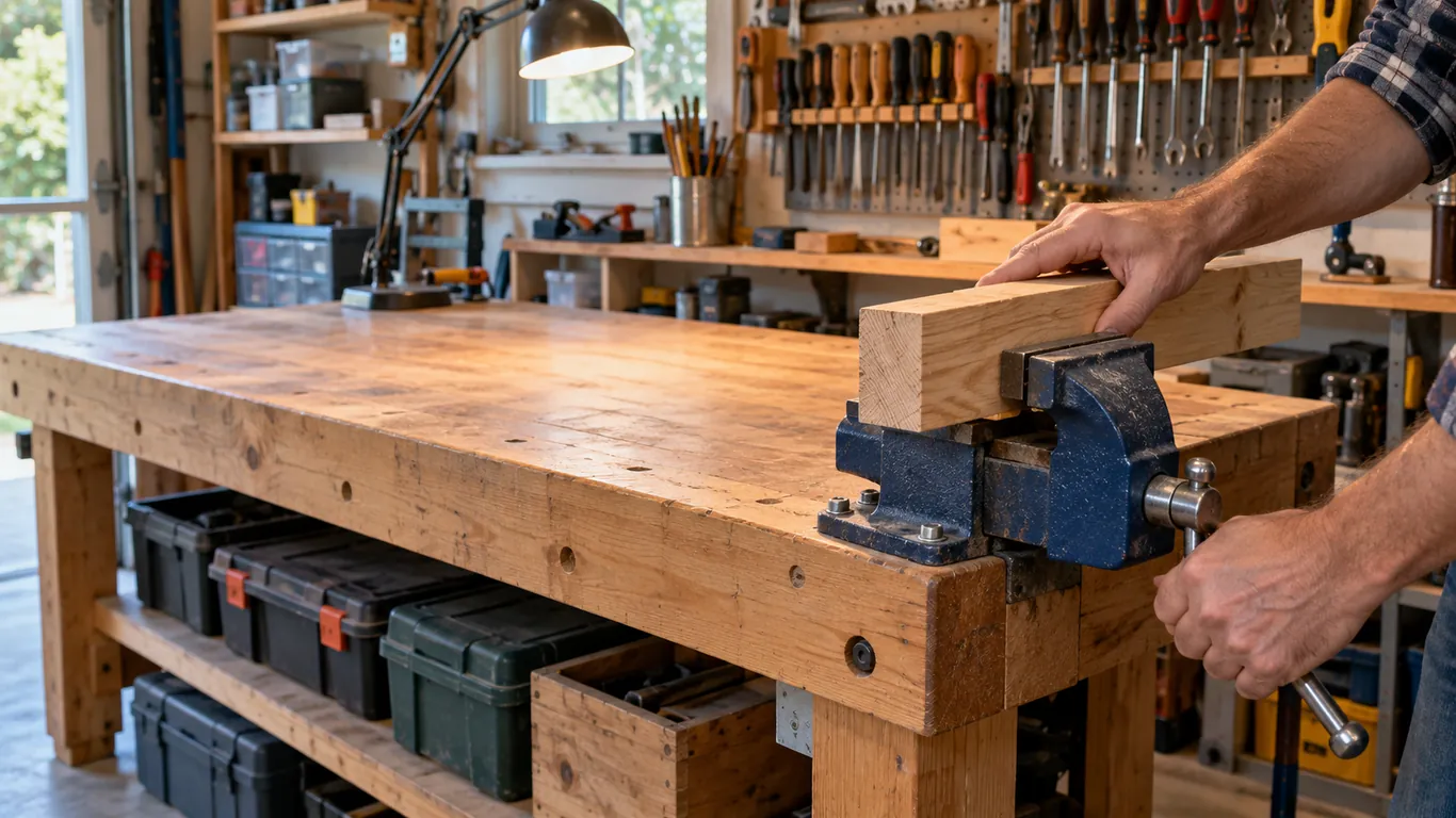 Établi en bois avec étau, lampe orientable et caisses rangées dessous