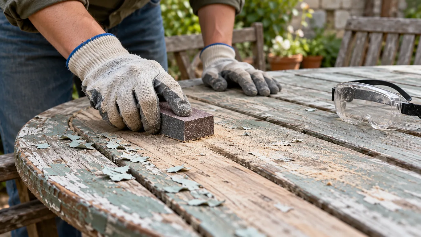 Mains gantées ponçant un plateau de table de jardin en bois écaillé