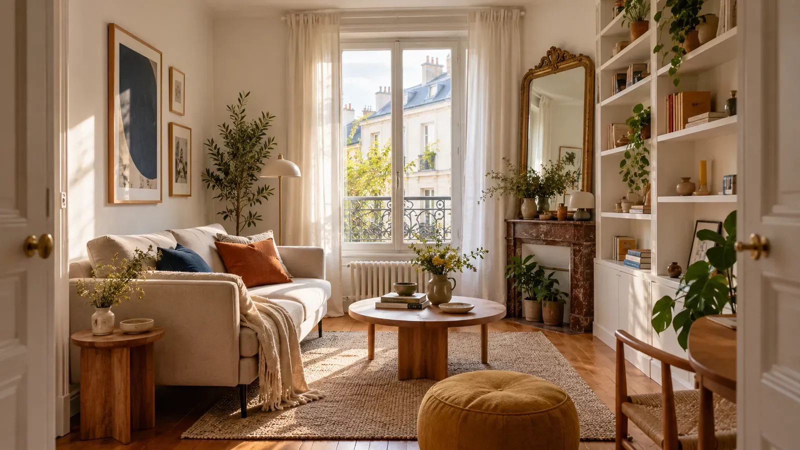 Petit salon lumineux avec canapé sur pieds, étagères murales et grand miroir