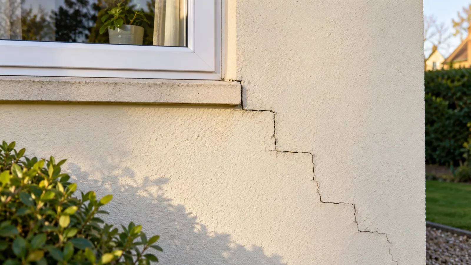 Fissure en escalier partant de l'angle d'une fenêtre sur une façade enduite
