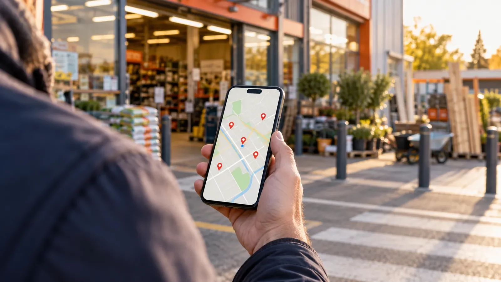 Recherche d'un magasin de bricolage à proximité sur une carte de smartphone