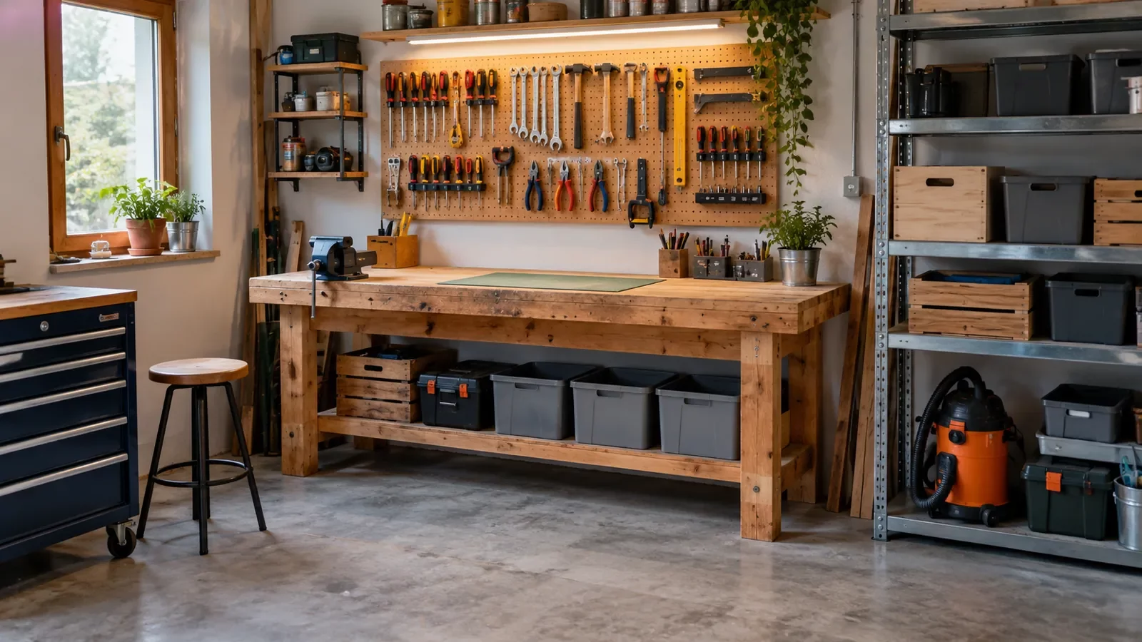 Garage aménagé en atelier avec établi, panneau d'outils et étagères rangées