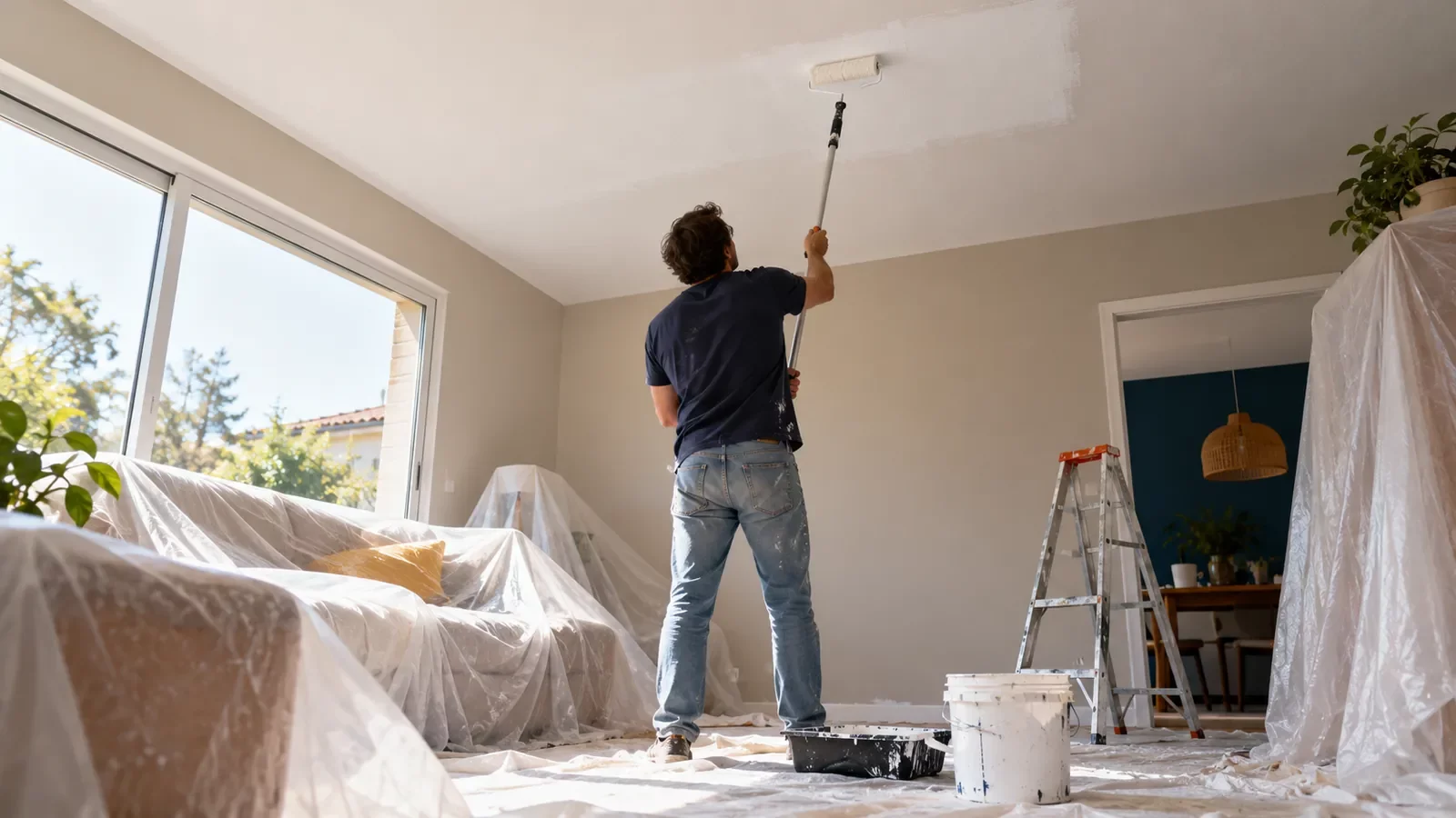 Personne peignant un plafond blanc au rouleau sur perche près d'une fenêtre